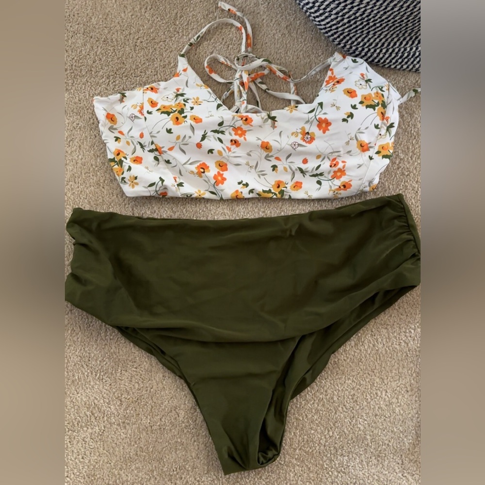 SHEIN Floral Bikini Set - White and Olive Green